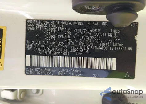 2013 Toyota Highlander Se V6 из США, поврежденный, VIN 5TDZK3EH9DS115894